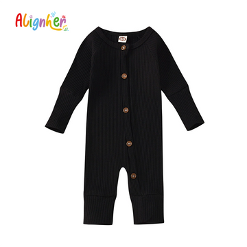 Baby Ribbed Cotton Romper | Infant Long Sleeve Button Jumpsuit