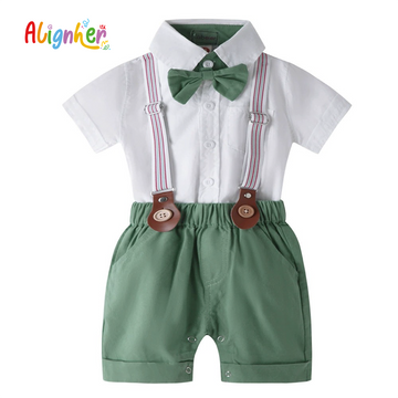 Baby Boy Gentleman Outfit with Bow Tie Romper and Suspender Shorts | Toddler Formal Suit Set