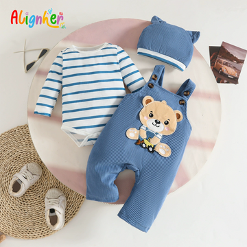 Baby Boy and Girl 3-Piece Outfit Set with Dog Overalls, Striped Bodysuit and Hat