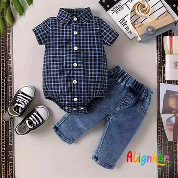 Baby Boy Plaid Shirt and Jeans Set – Short Sleeve Bodysuit with Denim Pants