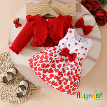 Baby Girl Plaid Dress with Bow, Cardigan and Headband Outfit Set