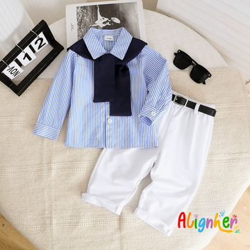 Baby Boy and Girl Striped Dress Shirt with Tie – Formal Outfit 9-12 Months
