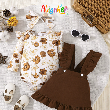 Baby Girl Floral Top and Brown Suspender Skirt Outfit with Headband
