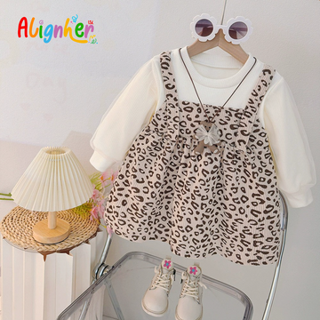 Toddler Girl Leopard Print Dress with Long Sleeve Top – 2 Piece Outfit