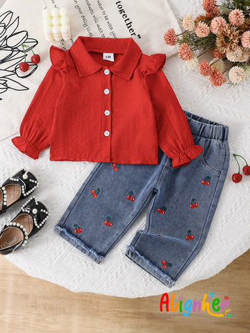 Toddler Girls Outfit Set – Long Sleeve Ruffle Blouse with Denim Pants, Casual Fall and Spring Clothing