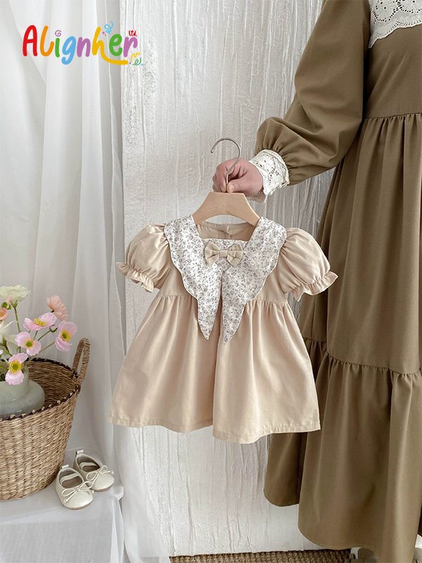 Baby Girl Vintage Dress with Floral Collar and Bow | Toddler Party and Casual Outfit
