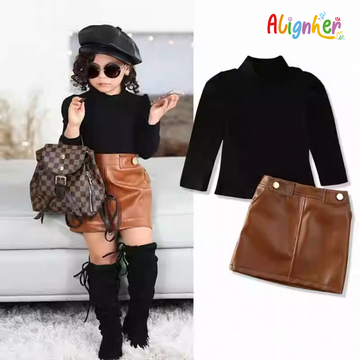 Girls 2-Piece Fall Outfit | Black Turtleneck Top and Brown Skirt Set
