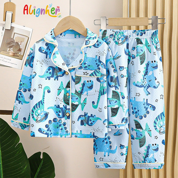 Unisex Dinosaur Print Pajama Set | Kids Long Sleeve Cotton Sleepwear