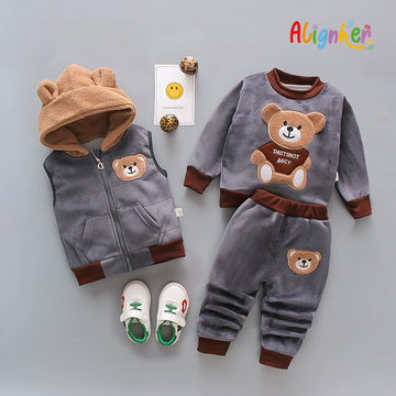 Baby Boy Girl 3-Piece Winter Outfit Set | Toddler Bear Hoodie Vest, Sweatshirt & Pants  Tracksuit