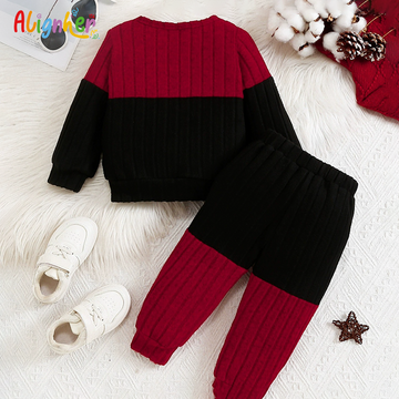 Toddler Boys Color Block Knit Outfit | 2-Piece Blue/Red and Black Sweater Set