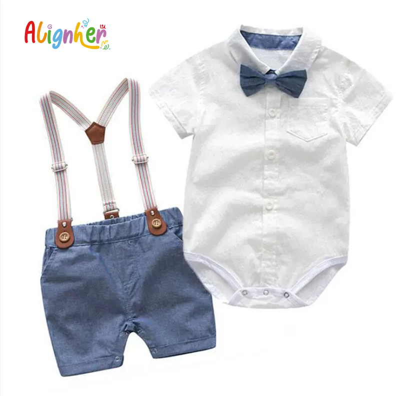 Baby Boy Gentleman Outfit with Bow Tie Romper and Suspender Shorts | Toddler  Formal Suit Set