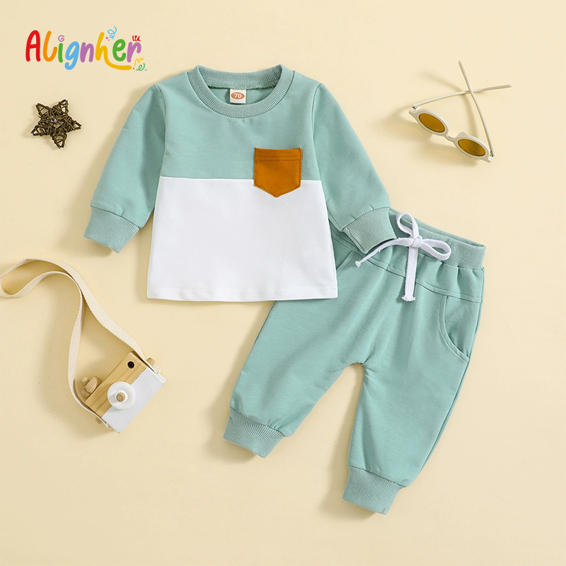 Baby Boy 2-Piece Outfit Set | Long Sleeve Color Block Top with Pocket and Jogger Pants