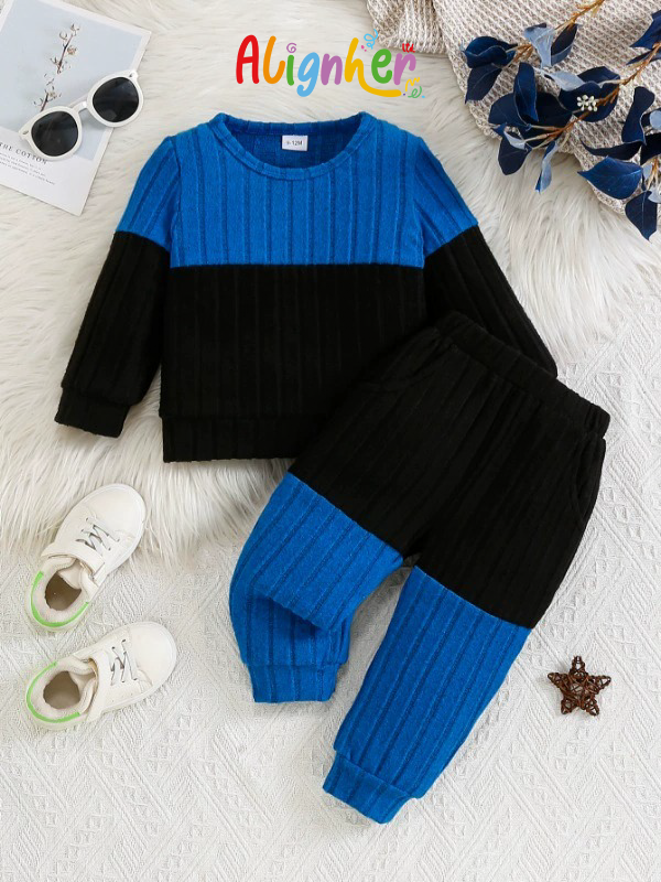 Toddler Boys Color Block Knit Outfit | 2-Piece Blue/Red and Black Sweater Set