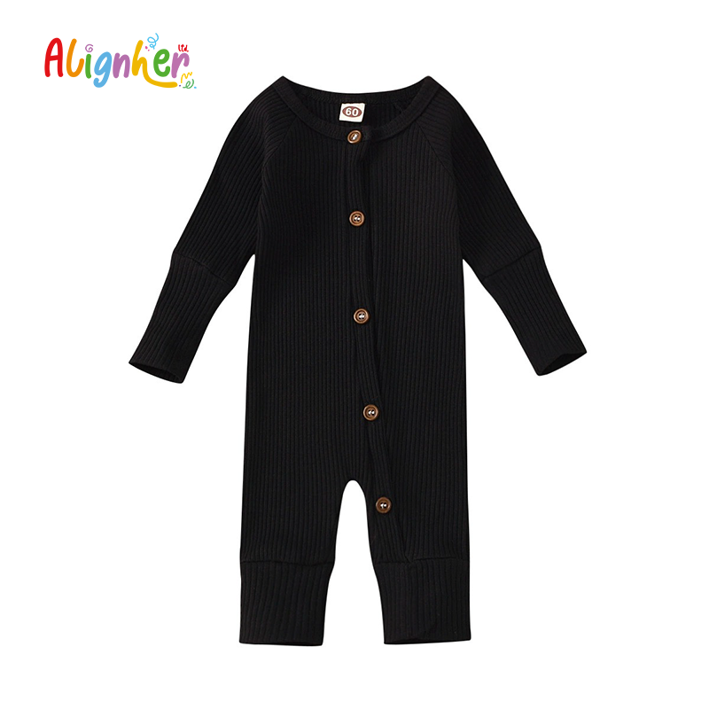 Baby Ribbed Cotton Romper | Infant Long Sleeve Button Jumpsuit