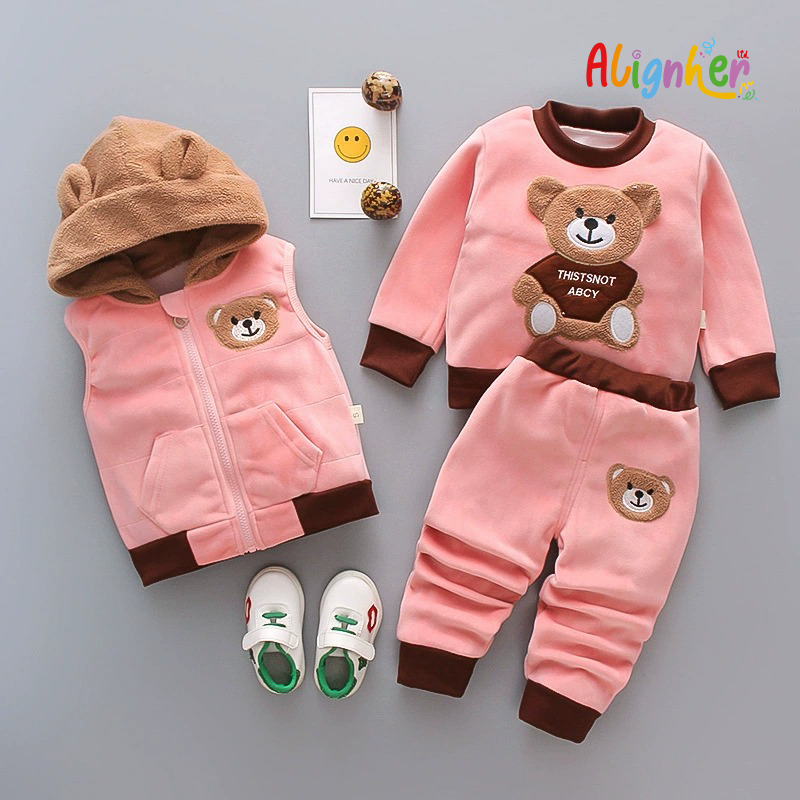 Baby Boy Girl 3-Piece Winter Outfit Set | Toddler Bear Hoodie Vest, Sweatshirt & Pants  Tracksuit