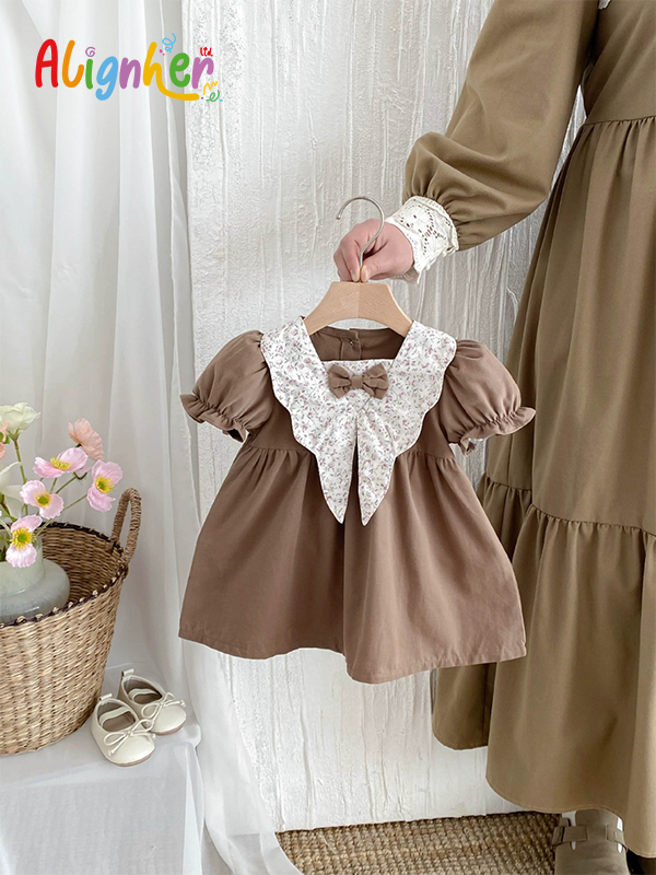 Baby Girl Vintage Dress with Floral Collar and Bow | Toddler Party and Casual Outfit