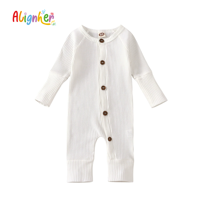 Baby Ribbed Cotton Romper | Infant Long Sleeve Button Jumpsuit