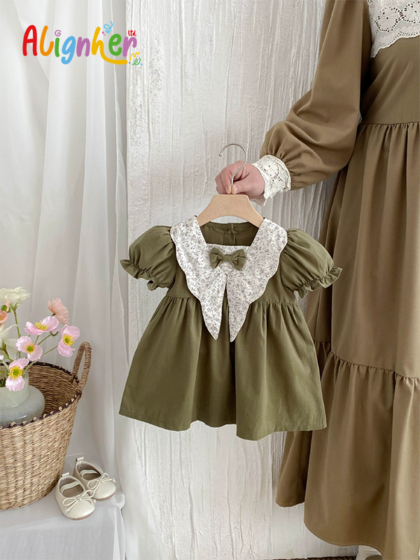 Baby Girl Vintage Dress with Floral Collar and Bow | Toddler Party and Casual Outfit