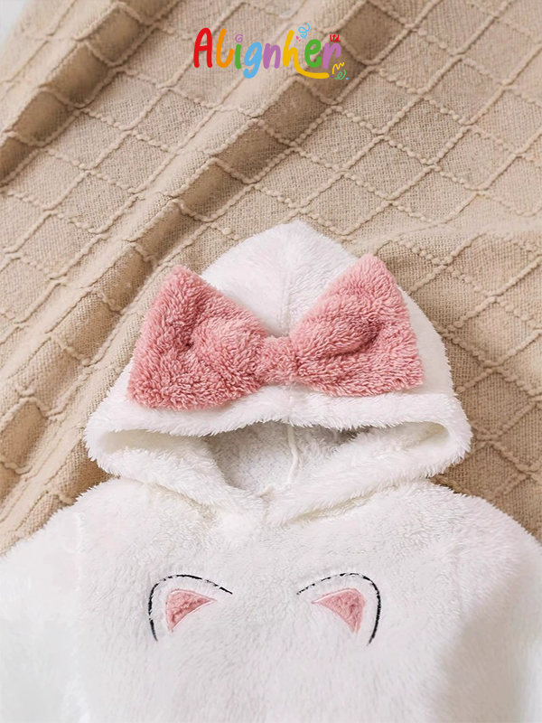 Girls Fuzzy Hoodie with Pink Bow | Warm Winter Hooded Sweatshirt