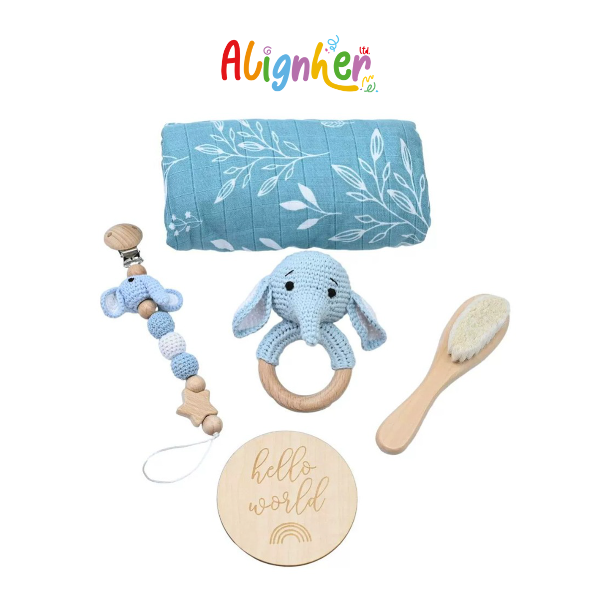 Newborn Baby Gift Set with Fox Rattle, Wooden Brush, Pacifier Clip, Swaddle Blanket,  and Keepsake Disc