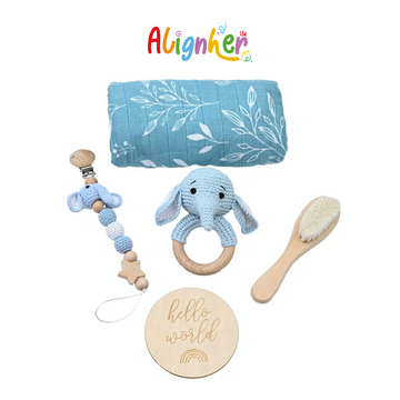 Newborn Baby Gift Set with Fox Rattle, Wooden Brush, Pacifier Clip, Swaddle Blanket,  and Keepsake Disc