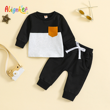 Baby Boy 2-Piece Outfit Set | Long Sleeve Color Block Top with Pocket and Jogger Pants