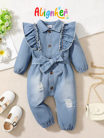 Girls Denim Dress with Bow Belt and Ruffle Detail – Casual Button Down Jean Dress