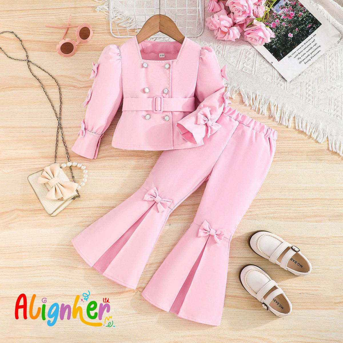 Girls Pink Flared Pants with Bow Detail – Stylish Bell Bottom Trousers
