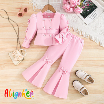 Girls Pink Flared Pants with Bow Detail – Stylish Bell Bottom Trousers