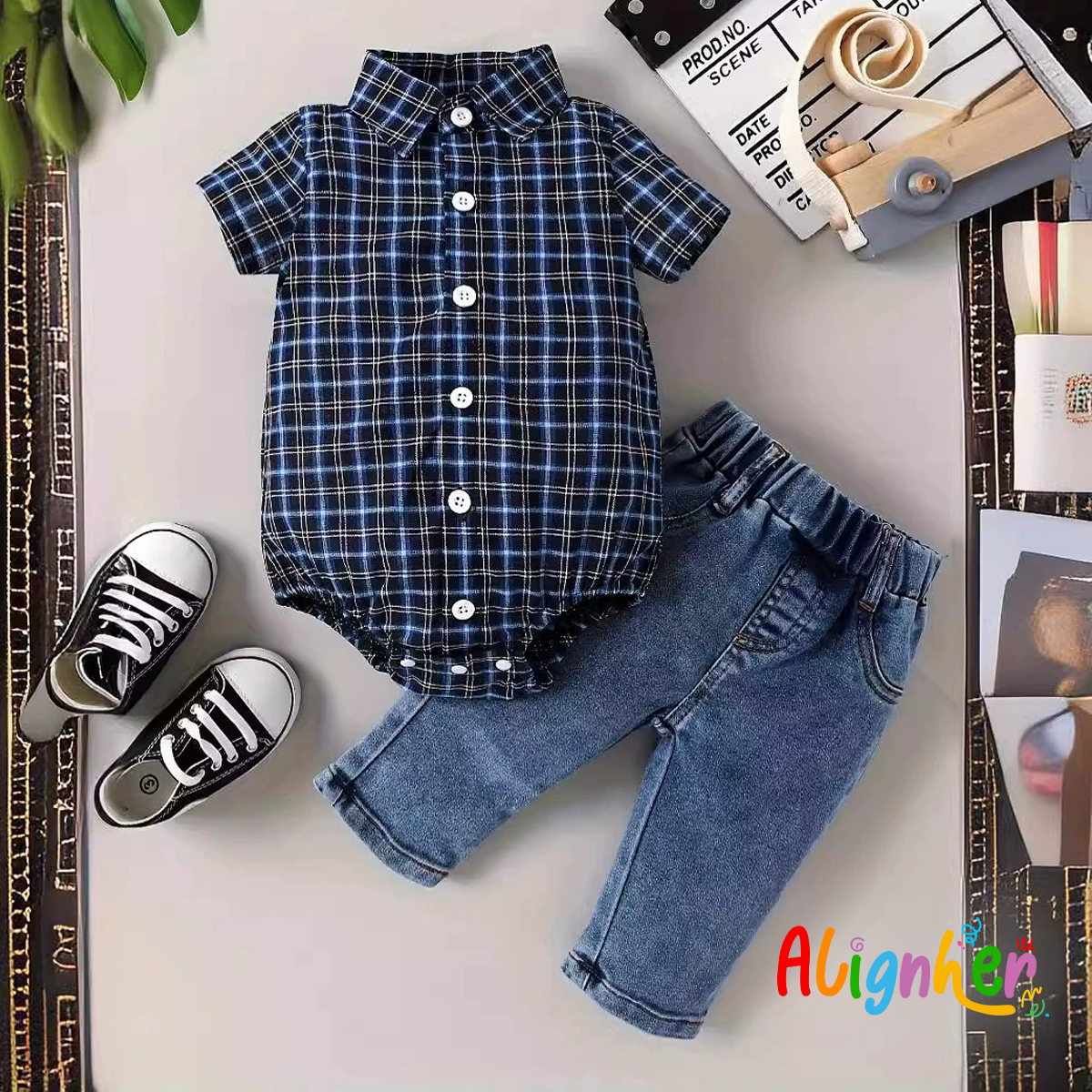 Baby Boy Plaid Shirt and Jeans Set – Short Sleeve Bodysuit with Denim Pants