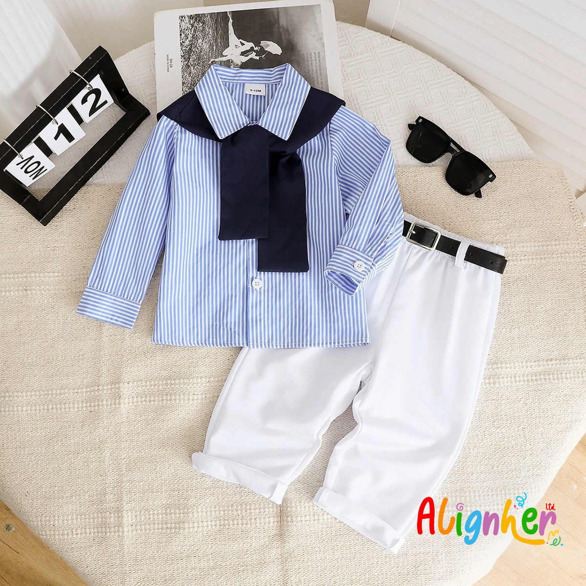 Baby Boy and Girl Striped Dress Shirt with Tie – Formal Outfit 9-12 Months