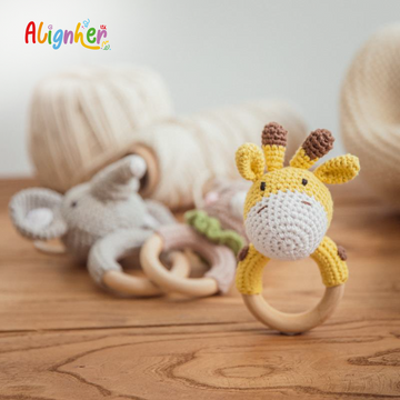Handmade Crochet Baby Rattle with Wooden Ring | Soft Teething Toy for Newborns &  Infants