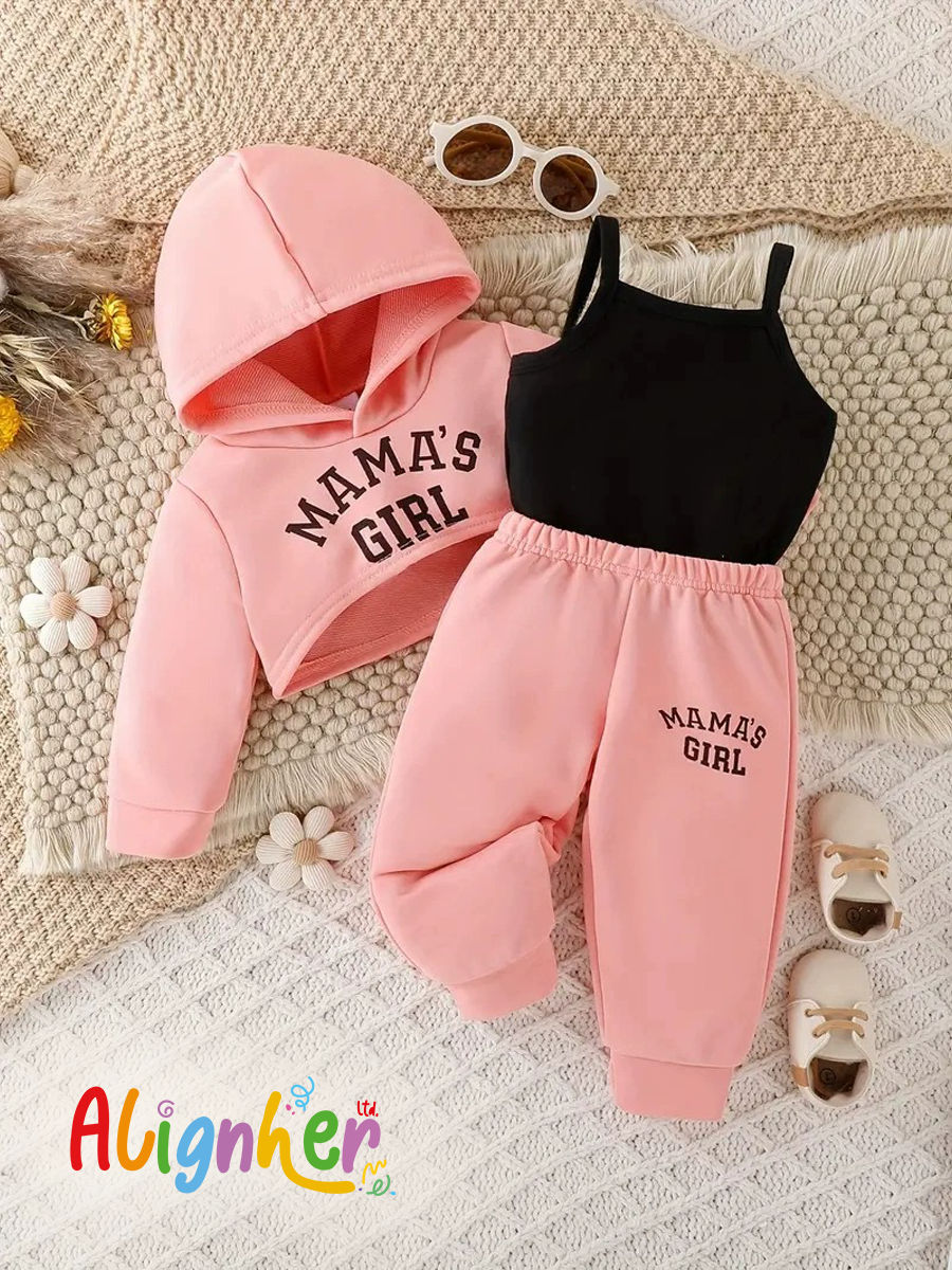 Baby Girl 3-Piece Outfit Set – “Mama’s Girl” Hoodie, Tank Top and Jogger Pants