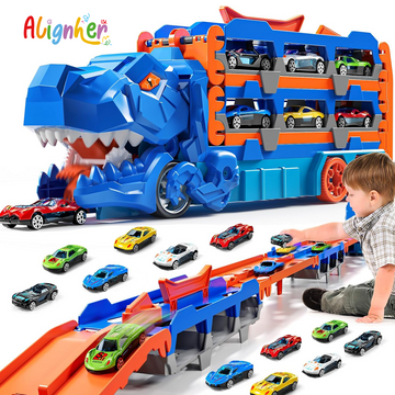 Dinosaur Car Carrier Truck Toy with 24 Mini Cars and Transformable Track Playset for Kid