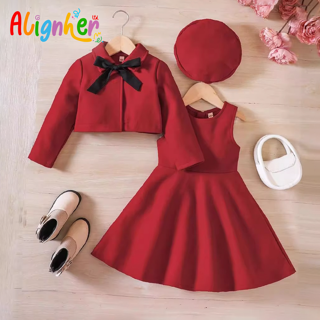 Girls 3-Piece Winter Outfit Set – Sleeveless Dress, Long Sleeve Coat, and Matching  Beret Hat