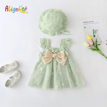 Baby Girl Summer Dress with Hat | Infant Party Outfit with Bow and Floral Design
