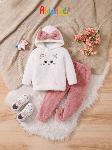 Girls Fuzzy Hoodie with Pink Bow | Warm Winter Hooded Sweatshirt