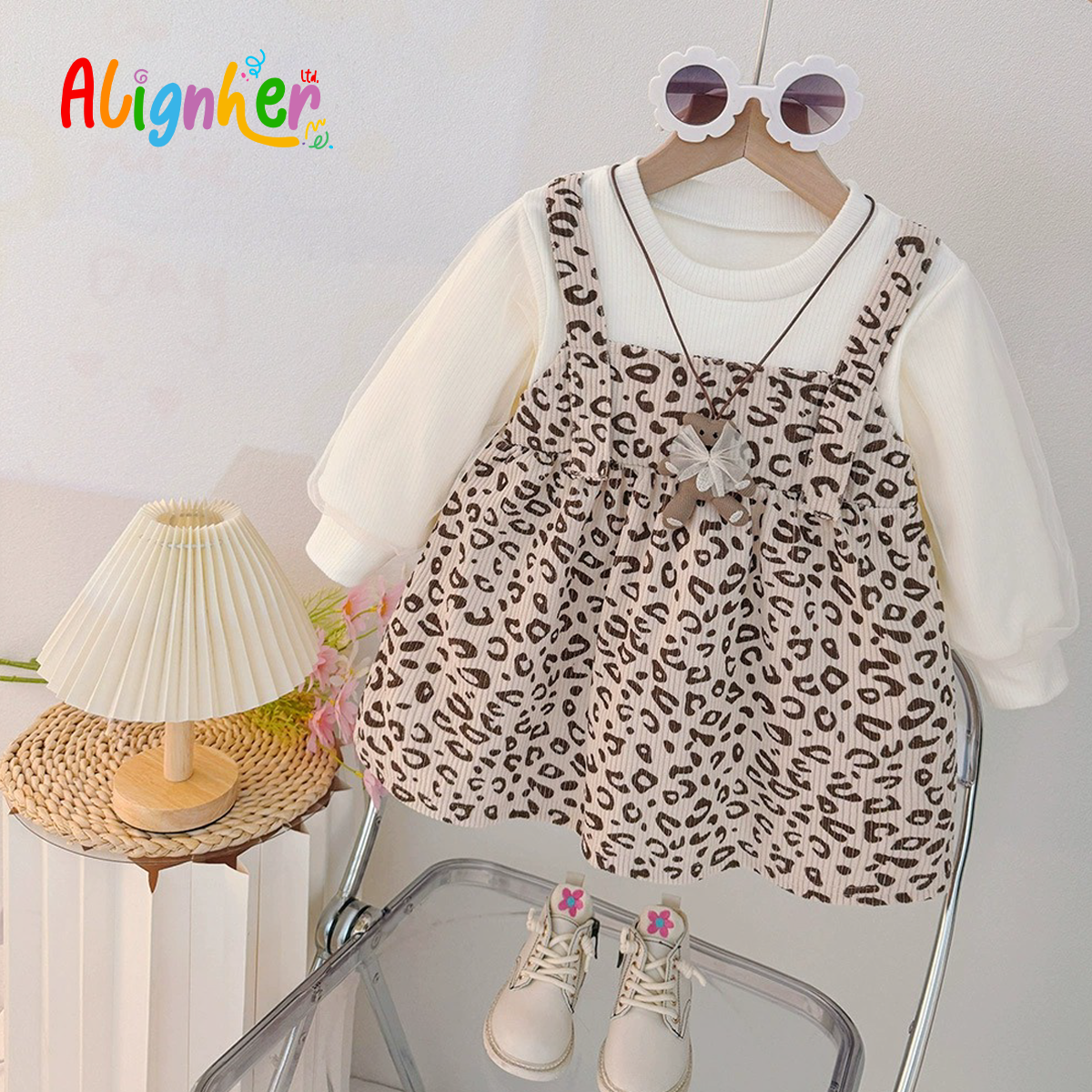 Toddler Girl Leopard Print Dress with Long Sleeve Top – 2 Piece Outfit