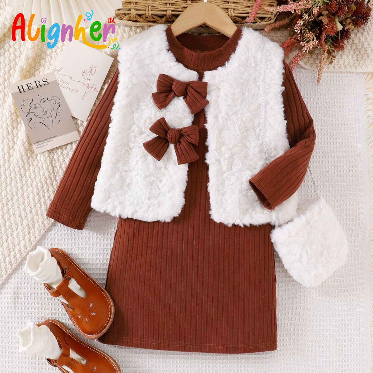 Girls Autumn Winter Outfit Set – Brown Ribbed Dress with White Faux Fur Vest,  Matching Purse, and Shoes