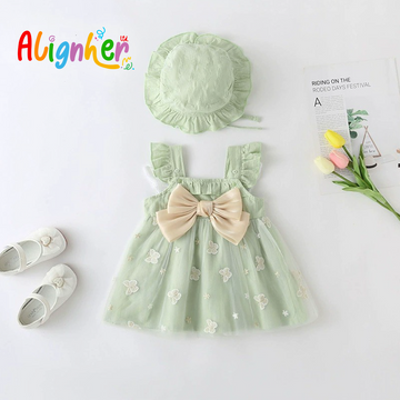 Baby Girl Summer Dress with Hat | Infant Party Outfit with Bow and Floral Design