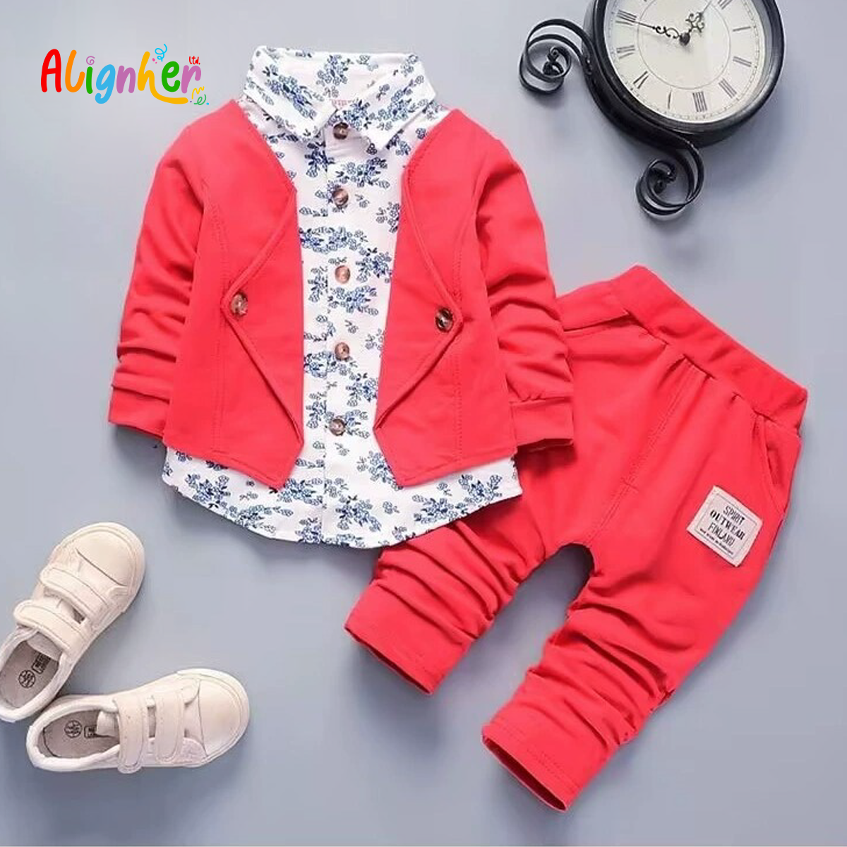 Baby Boy and Girl Formal Outfit Set – Blazer, Floral Shirt, and Pants for Special Occasions
