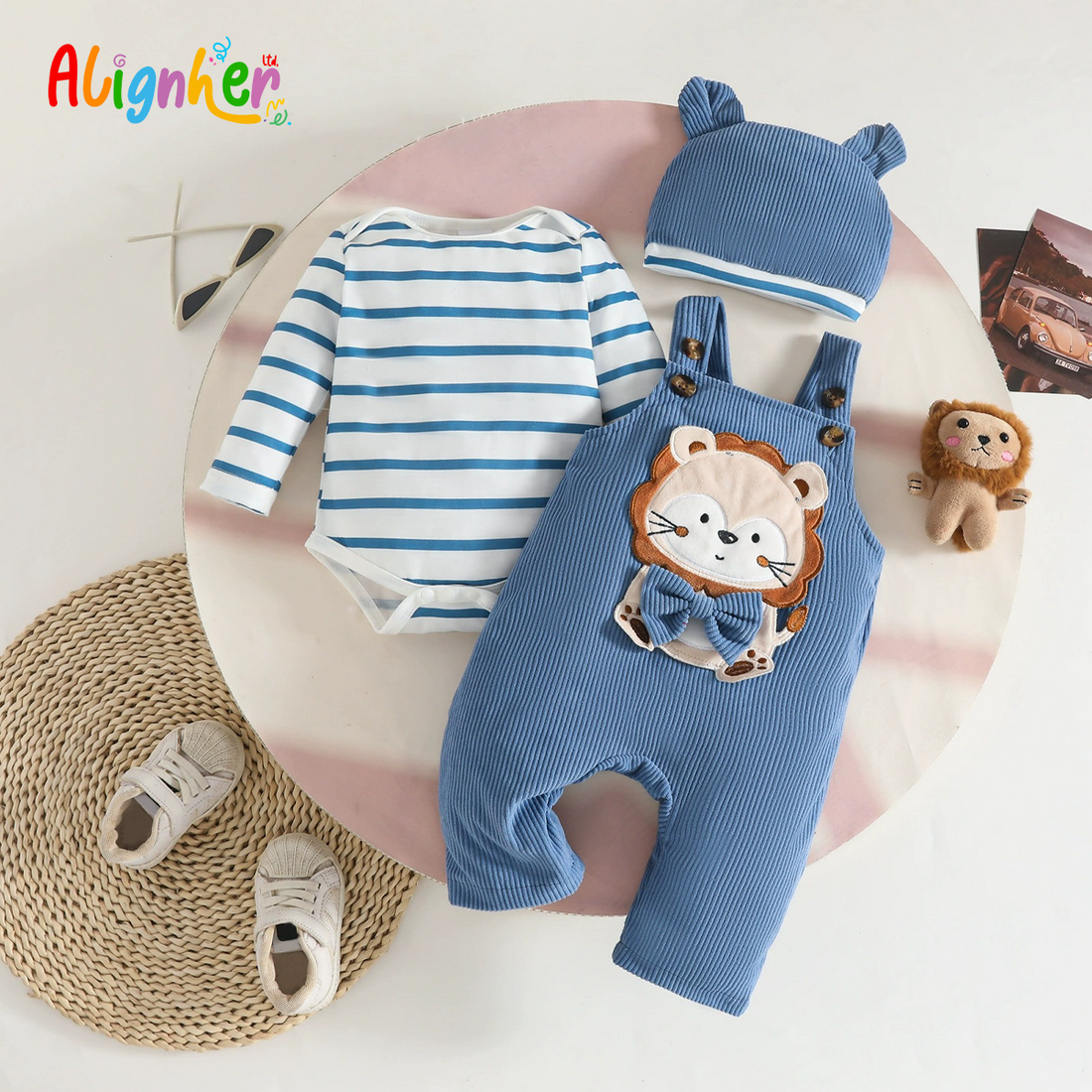 Baby Boy and Girl 3-Piece Outfit Set with Dog Overalls, Striped Bodysuit and Hat