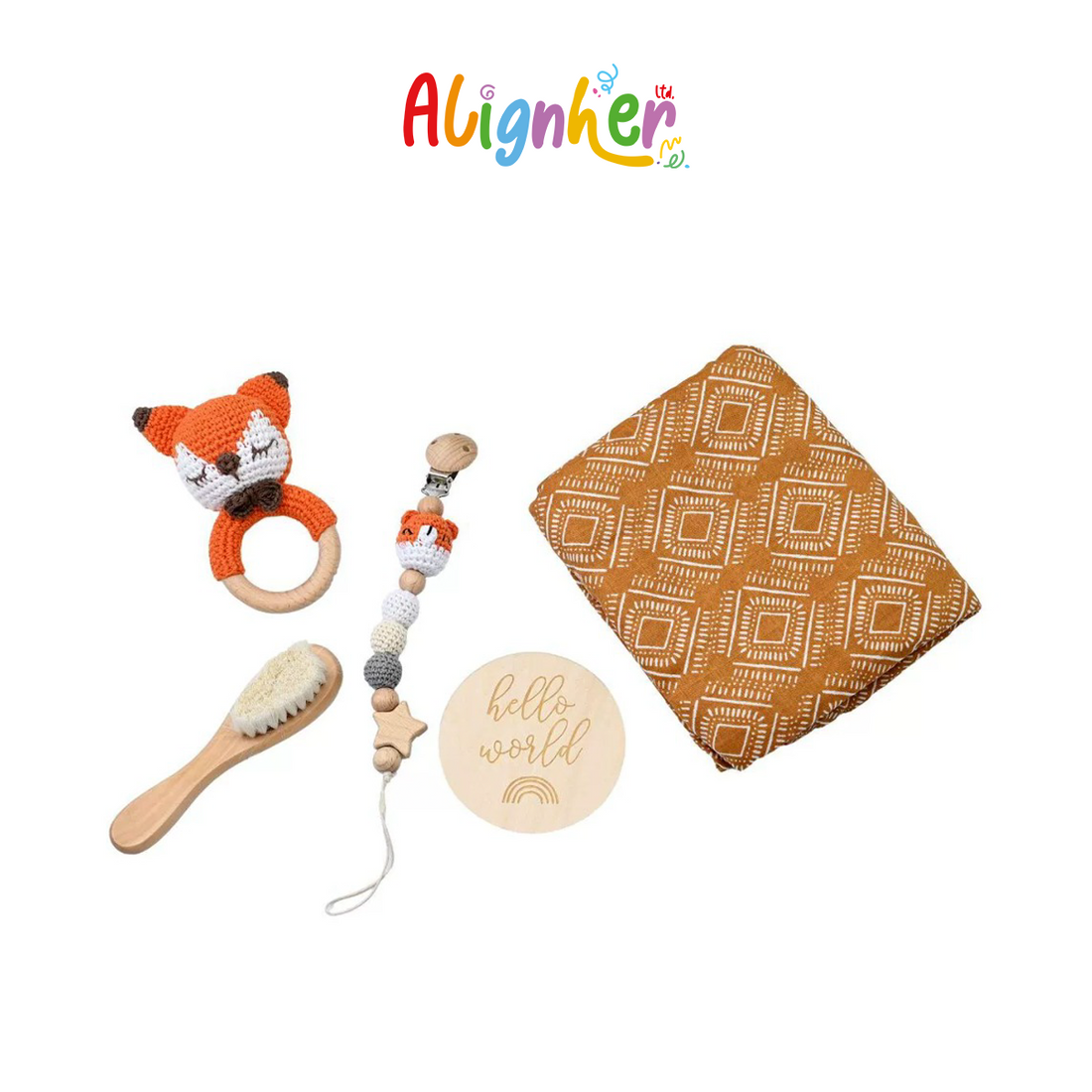 Newborn Baby Gift Set with Fox Rattle, Wooden Brush, Pacifier Clip, Swaddle Blanket,  and Keepsake Disc