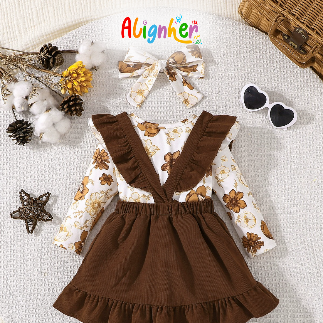Baby Girl Floral Top and Brown Suspender Skirt Outfit with Headband