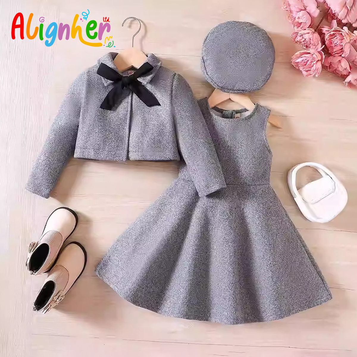 Girls 3-Piece Winter Outfit Set – Sleeveless Dress, Long Sleeve Coat, and Matching  Beret Hat