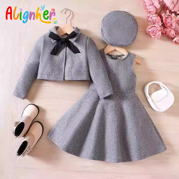 Girls 3-Piece Winter Outfit Set – Sleeveless Dress, Long Sleeve Coat, and Matching  Beret Hat