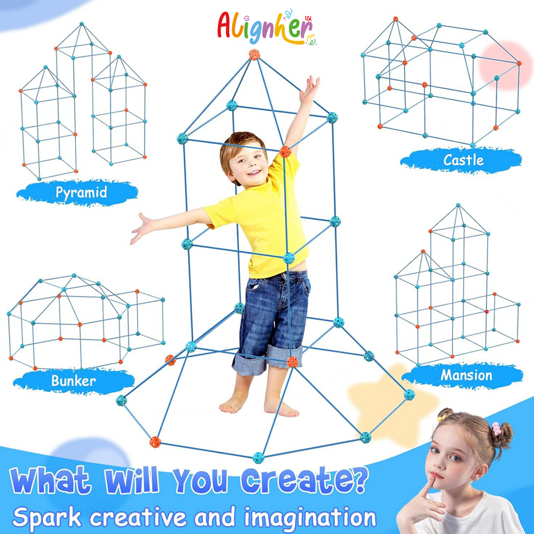 Kids Fort Building Kit 450 Pieces – Construction Toy for Indoor Play, Build Your Own  Den with Sticks and Connectors, Ages 3+