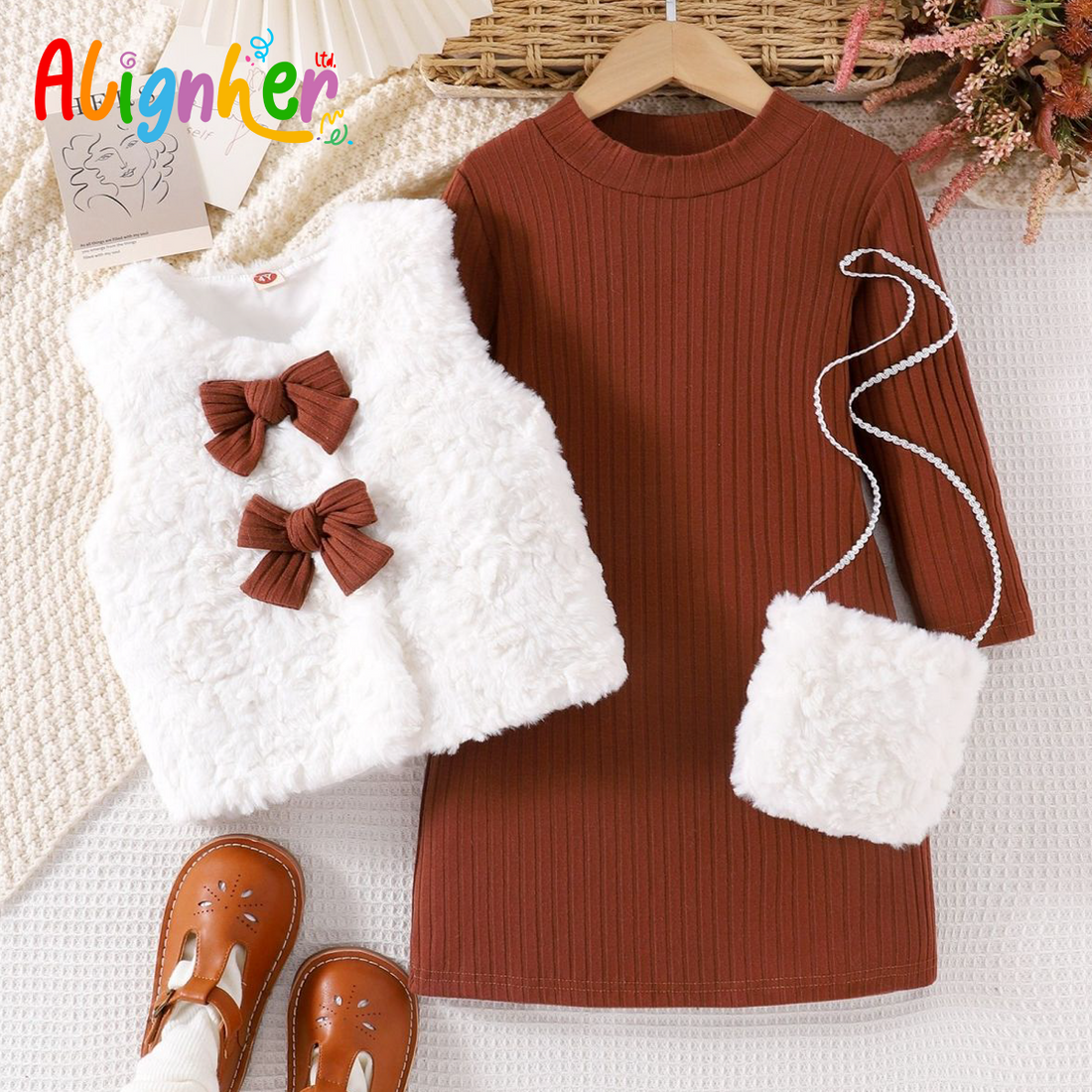 Girls Autumn Winter Outfit Set – Brown Ribbed Dress with White Faux Fur Vest,  Matching Purse, and Shoes