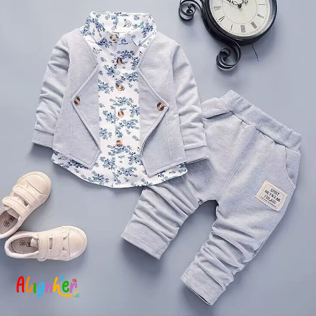 Baby Boy and Girl Formal Outfit Set – Blazer, Floral Shirt, and Pants for Special Occasions