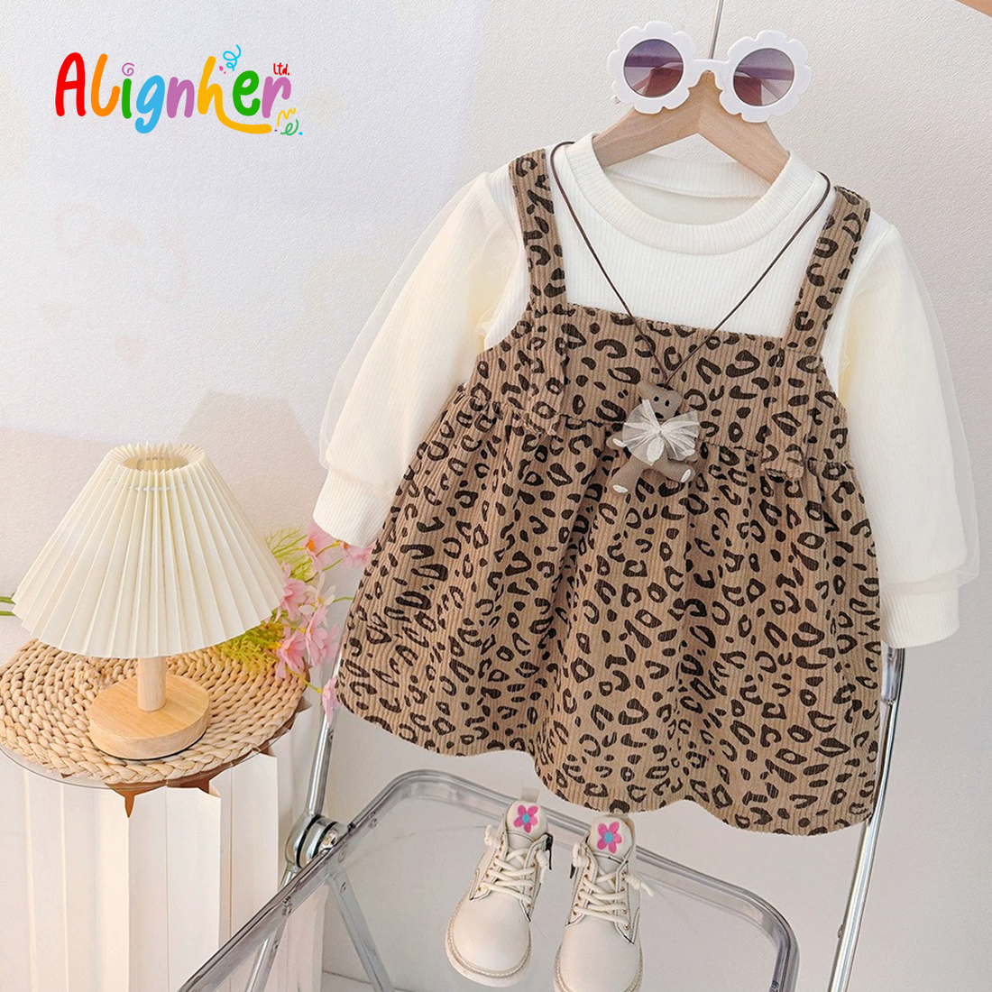 Toddler Girl Leopard Print Dress with Long Sleeve Top – 2 Piece Outfit